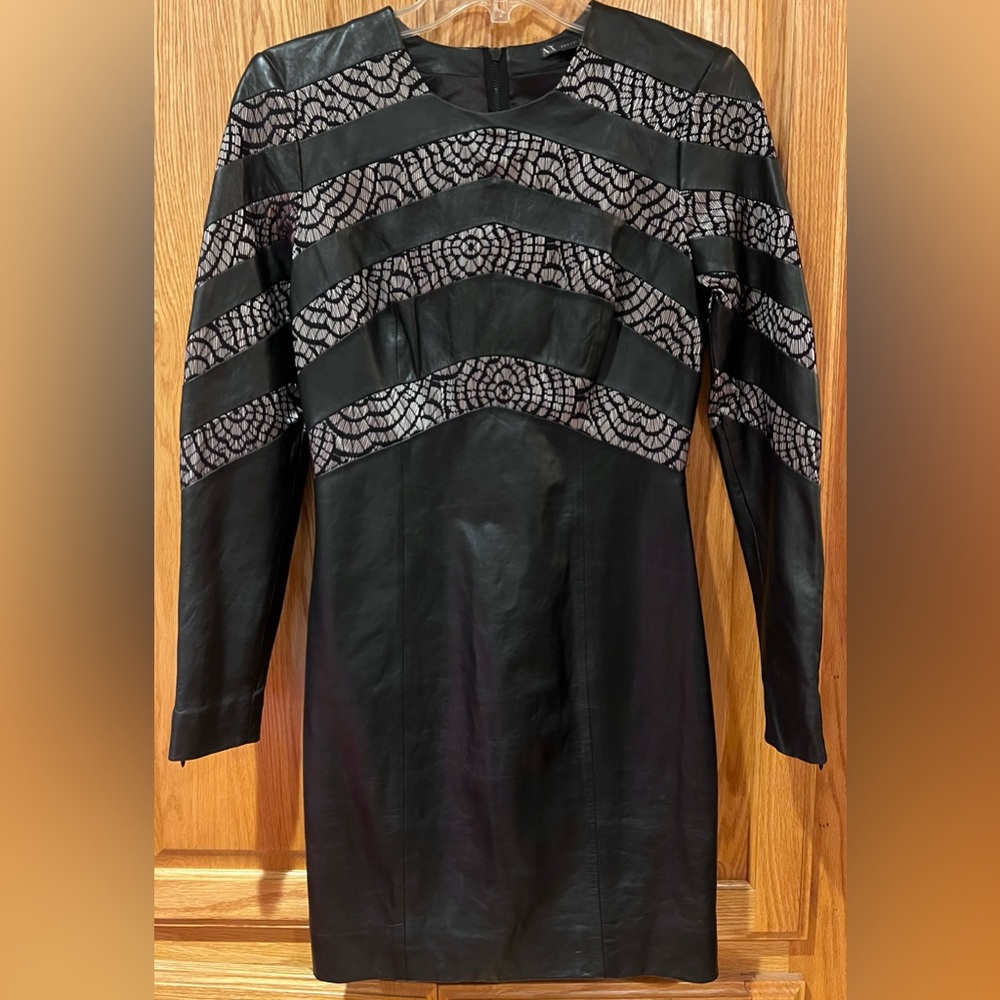 Armani Exchange A/X 100% Lamb Leather & Lace Long Sleeve Mini Dress Black Size 4